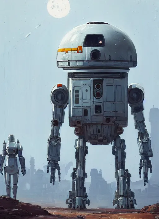 Prompt: an intricate oil painting of a giant pristine white droid mecha with rounded components and tarpaulin cloak by simon stalenhag, by ian mcque inspired by nier : automata, clean white lab background