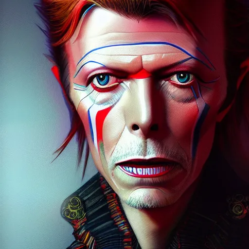 Image similar to a portrait of david bowie as a wizard, upper half portrait, urban motifs, intricate, elegant, highly detailed, digital painting, trending on artstation, concept art, smooth sharp focus, illustration, art by artgerm and greg rutkowski