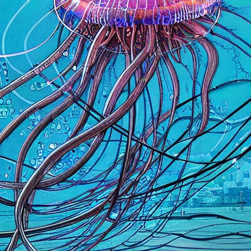 Prompt: a hyper detailed painting of a cyberpunk jellyfish, cables everywhere, blue tones, underwater, futuristic hi-tech details, art by jean giraud