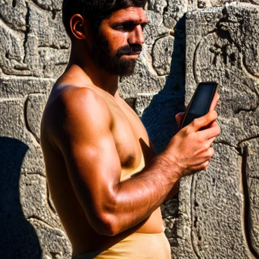 Image similar to photography portrait of a spartan holding a cell phone, ancient greece, leica 1 0 0 mm f 0. 8