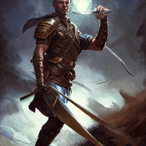 Image similar to Ranger marching toward the viewer, male, muscular, blue eyes!!!!, straight nose!!!, detailed face, exposed thighs!!!, fantasy, medieval, highly detailed, painting by greg rutkowski