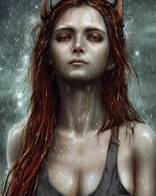 Prompt: demon woman,, soft eyes and narrow chin, dainty figure, long hair straight down, torn overalls, nebula background, side boob, wet shirt, wet, raining, highly detailed face, realistic face, beautiful detailed eyes, fantasy art, in the style of greg rutkowski, illustration, epic, fantasy, intricate, hyper detailed, artstation, concept art, smooth, sharp focus, ray tracing, vibrant,