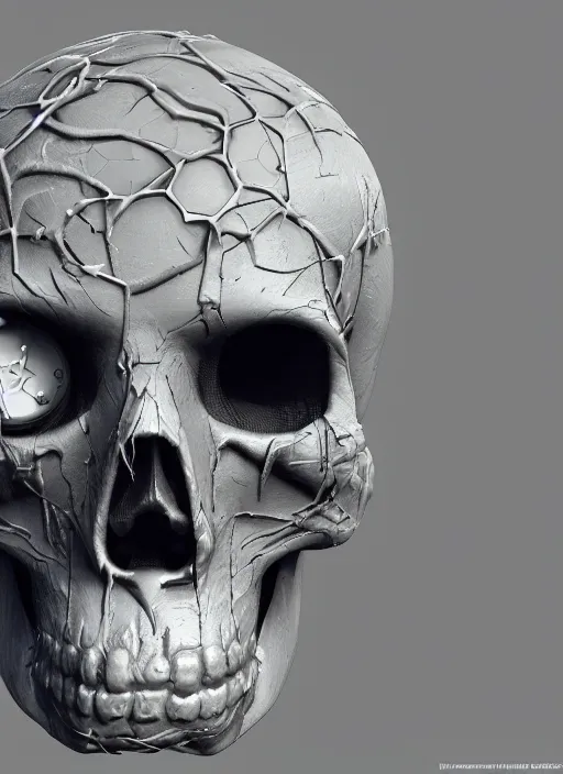 Prompt: cyberpunk skull, ivy, death, hardmesh, hard surface