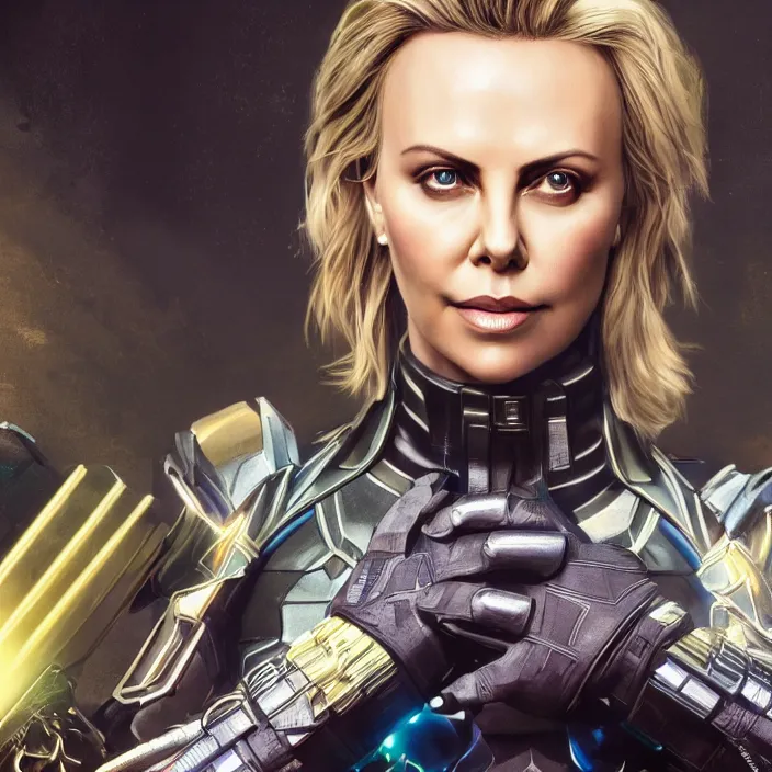 Image similar to portrait of Charlize Theron, wearing The Infinity Gauntlet. intricate artwork. octane render, trending on artstation, very coherent symmetrical artwork. cinematic, hyper realism, high detail, octane render, 8k, iridescent accents