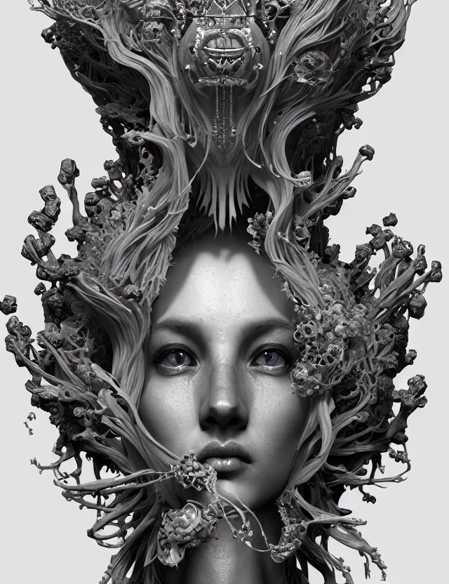 Image similar to symmetrical, centered, zbrush sculpt of goddess close-up portrait wigh crown made of skulls. phoenix betta fish, phoenix, bioluminiscent creature, super intricate ornaments artwork by Tooth Wu and wlop and beeple and greg rutkowski