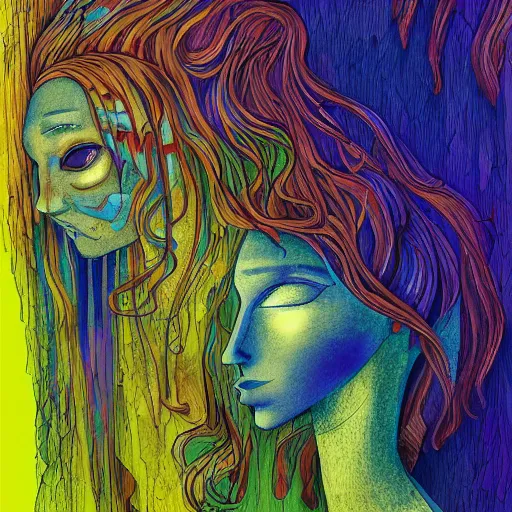 Image similar to dissociation, derealization, disconnection, amnesia, fantasy illustration, abstract, amorphous, eerie, organic, inhuman, rich colors