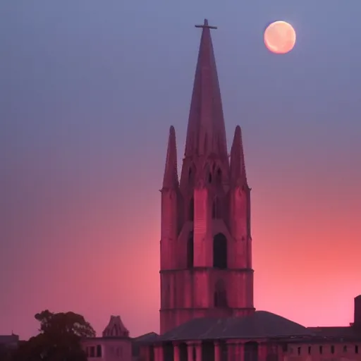 Image similar to a giant blood red full moon over a old cathedral. misty. volumetric light. moody