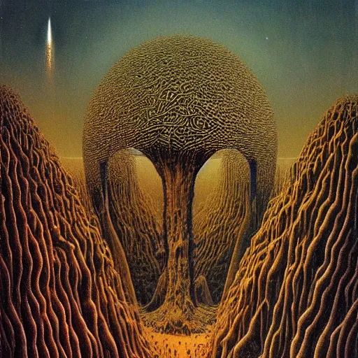 Image similar to giant alien megastructure in space, eclipsing planets, giant trees and plants growing, stretching far as the eye can see, highly detailed beksinski painting