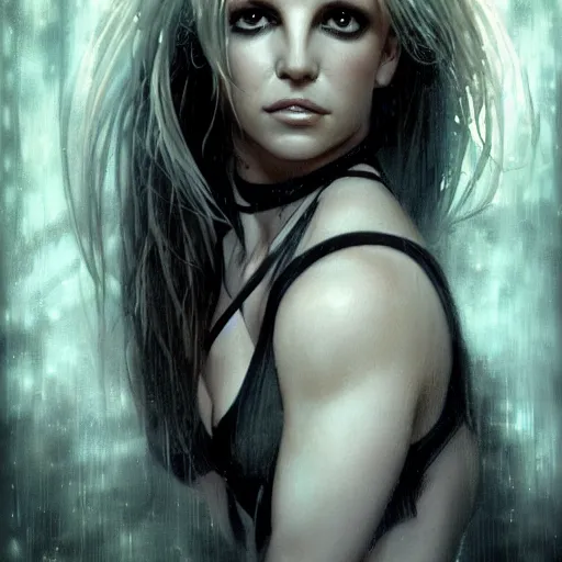 Prompt: britney spears, film nior, darkwave, darksynth character portrait, sharp, digital matte painting, art by luis royo, greg rutkowski, wlop, dramatic lighting, trending on artstation