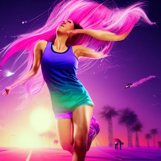 Image similar to a award winning upper body portrait of a beautiful woman in a tanktop with a ombre purple pink hairstyle with head in motion and hair flying, outrun, vaporware, vivid colors, highly detailed, fine detail, intricate