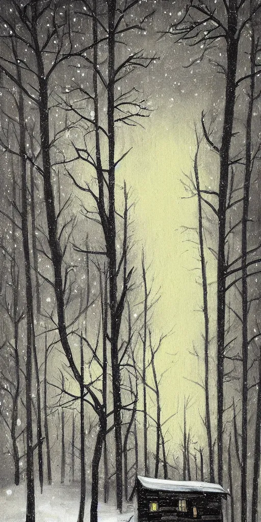 Image similar to snowy forest night scene in a single wooden cabin surrounded by the woods with one illuminated window, horror dark contrast, oil painting