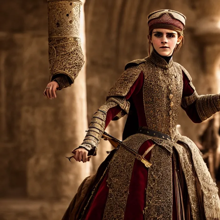 Image similar to full length photo of emma watson as an ottoman warrior, highly detailed, 4 k, hdr, smooth, sharp focus, high resolution, award - winning photo