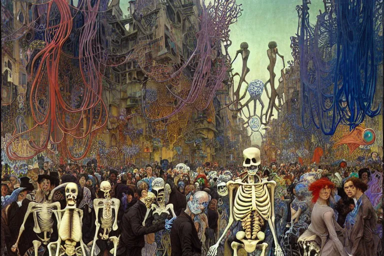 Image similar to realistic detailed portrait painting of a skeleton in a crowded futuristic street by Jean Delville, Amano, Yves Tanguy, Alphonse Mucha, Ernst Haeckel, Edward Robert Hughes, Roger Dean, rich moody colours, blue eyes