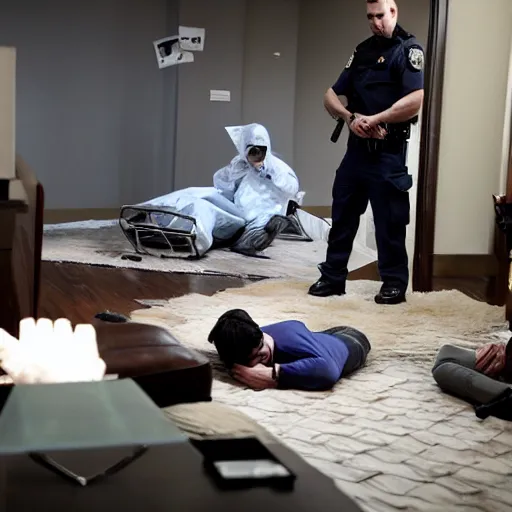 Prompt: Several forensic agents around a body in the living room of an apartment, police movie, thriller movie
