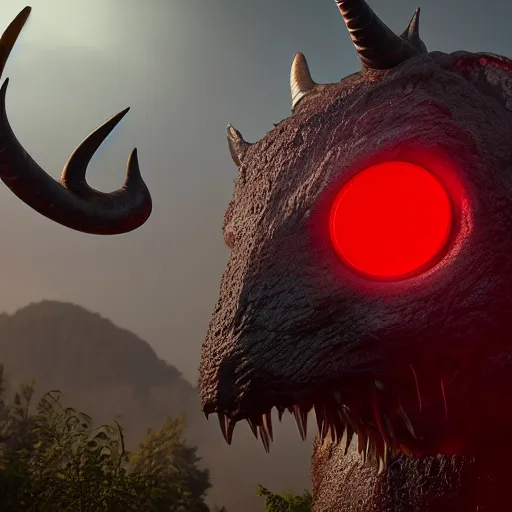 Prompt: cinematography picture of the big monster with horns and big red eye, cyclope, fluffy skin, red soft lights, 8k, unreal engine 5, cel-shading, photography, highly detailed