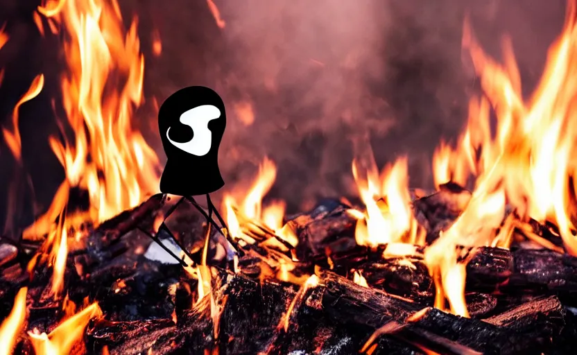 Image similar to a man wearing a tuxedo sitting in the middle of a bonfire, no face