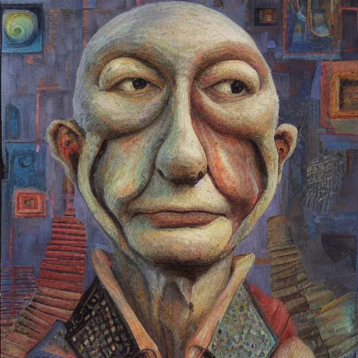 Prompt: a detailed, impasto painting by shaun tan and louise bourgeois of an abstract forgotten sculpture by ivan seal and the caretaker, alzheimers