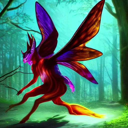 Prompt: brightly lit fairy dragon with stained glass wings in a dim dark forest colorful 4 k path traced high definition detailed artstation realistic trending dramatic lighting high contrast neon