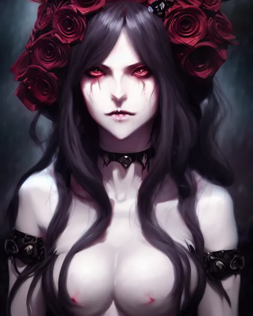 Image similar to dressed dark sorceress surrounded by black roses horns and skulls, cushart krenz, very detailed, realistic face, detailed face, matte, tonemapping, bbwchan, perfection, 4 k, cushart krenz