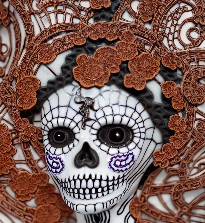 Image similar to La Catrina, A Close up photo-real delicate ceramic porcelain sculpture of a symmetrical ornate detailed in front of an intricate background by Victo Ngai and takato yamamoto, micro detail, backlit lighting, face in focus, subsurface scattering, translucent, thin porcelain, octane renderer, colorful, physically based rendering, japanese pottery, trending on cgsociety