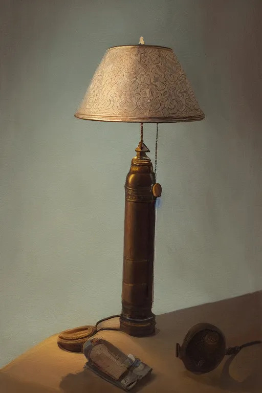 Image similar to a lamp in the style of a water bottle oil on canvas, intricate, portrait, 8k highly professionally detailed, HDR, CGsociety