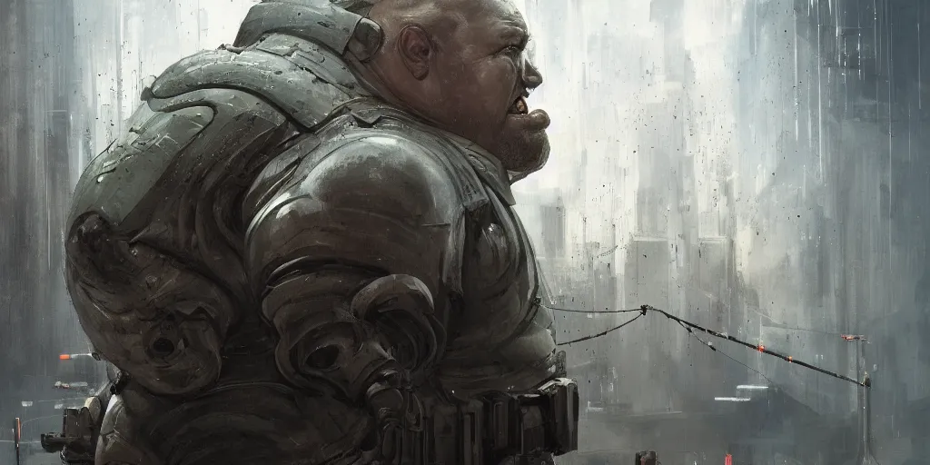 Image similar to portrait of a fat man sci fi soldier ranger, brutalist city architecture, dark epic, cables and wires, high details, ceremonial clouds, dripping paint, fibonacci rhythm, artstation, art germ, wlop, pablo dominguez, sabbas apterus, award - winning, artstation