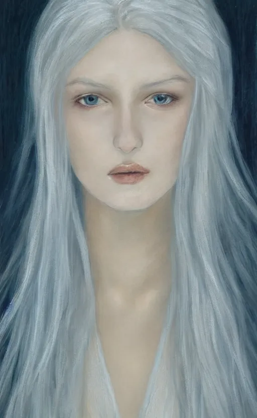 Prompt: angel with silver hair so pale and wan! and thin!?, flowing robes, covered body, lone petite female goddess, wearing! robes!! of silver, flowing, pale fair skin!!, young cute face, covered!!, clothed!! lucien levy - dhurmer, jean deville, oil on canvas, 4 k resolution, aesthetic!, mystery