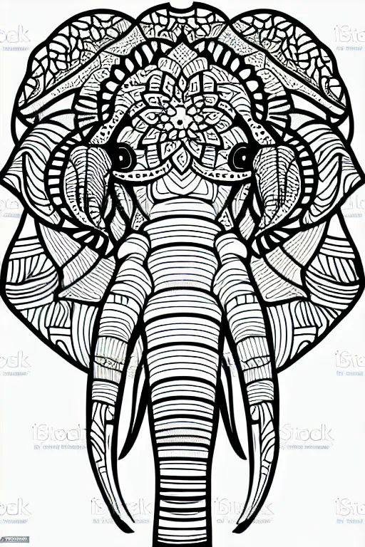 Prompt: elephant ornaments fractal ink drawing line art colouring page vector art