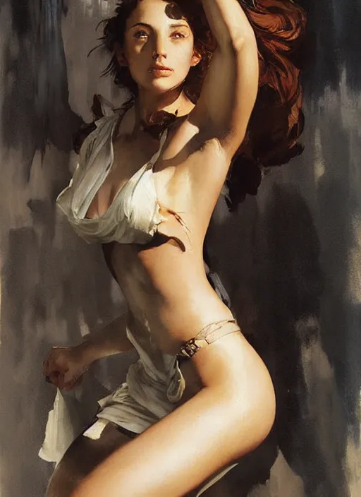 Image similar to beautiful painting, studio portrait of a woman with white linen in greece by yoji shinkawa frank frazetta, charlie bowater, magali villeneuve, j. c. leyendecker,