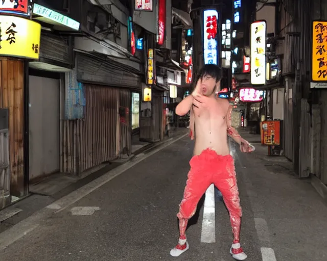 Prompt: a drunk chad bro lost and wandering the streets and alleyways of japan after a long night at the robot restaurant