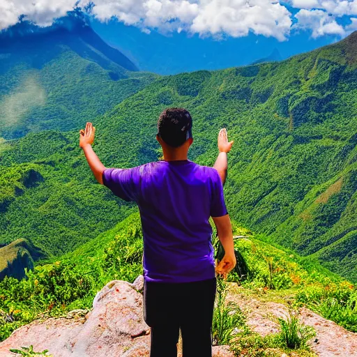 Prompt: ecuadorian native standup meditating on a mountain receiving energy of the universe n - 4