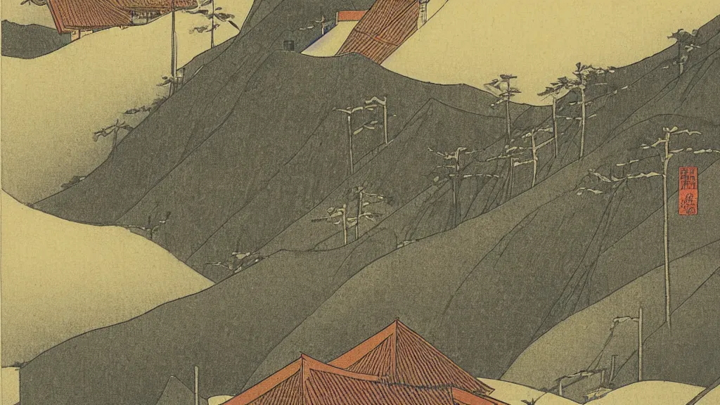 Prompt: a house on a mountain. shin hanga artwork