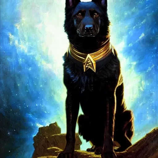 Image similar to a portrait of a black humanoid german shepard dogman canine star trek the next generation. highly detailed painting by gaston bussiere, craig mullins, j. c. leyendecker, furry