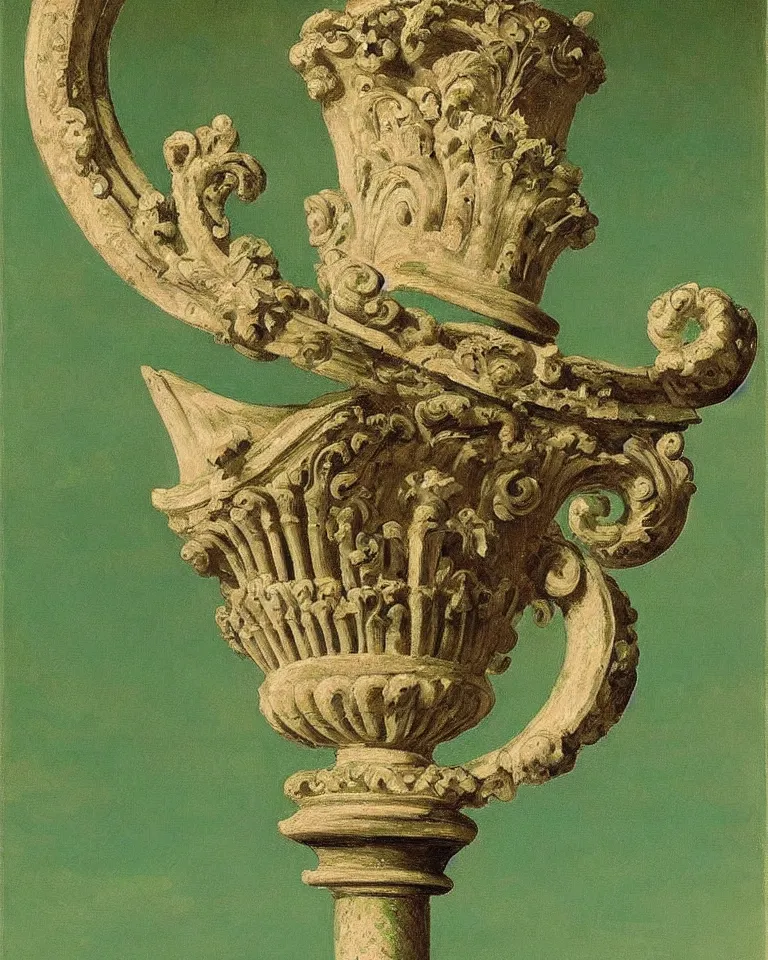 Image similar to achingly beautiful painting of intricate ancient roman corinthian capital on emerald background by rene magritte, monet, and turner. giovanni battista piranesi.