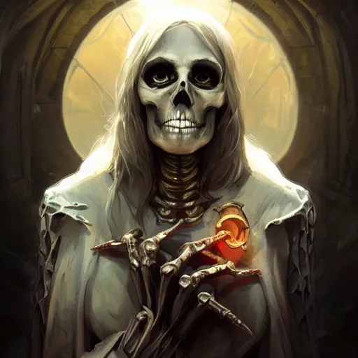 Prompt: portrait of an undead skeleton necromancer, D&D, fantasy, highly detailed, digital painting, artstation, smooth, sharp focus, illustration, art by artgerm and greg rutkowski and alphonse mucha