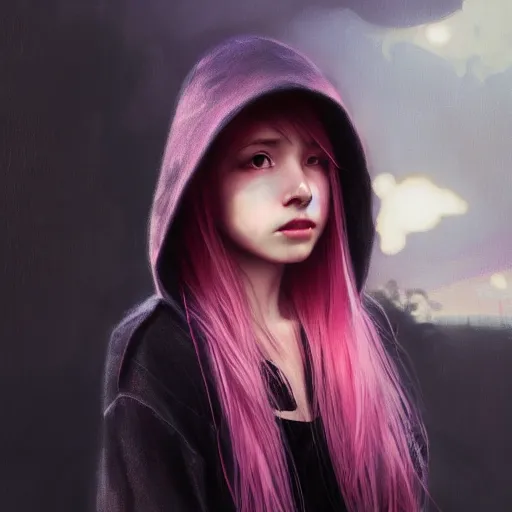 Image similar to a photorealistic dramatic fantasy render of a pink coloured haired young girl with a black wool modern hoody hat on her head by wlop, artgerm, greg rutkowski, alphonse mucha, beautiful dynamic dramatic dark moody lighting, shadows, cinematic atmosphere, artstation, concept design art, octane render, 8 k