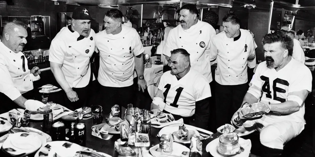 Image similar to Football players Butkus, Ditka, Walter Payton, as chefs inside Cthulhu