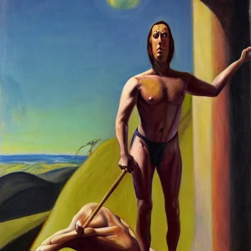 Image similar to nicolas cage as triumphant sweaty muscular centaur with a halo, dystopian, pj crook, edward hopper, oil on canvas