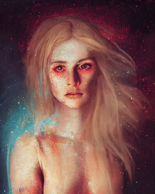 Image similar to a beautiful and eerie baroque painting of a gorgeous young woman in dead space, with wild blonde hair and haunted eyes and freckles, 1 9 7 0 s, seventies, space station, neon light showing injuries, delicate ex embellishments, painterly, offset printing technique