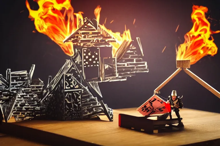 Prompt: Dark Knight Joker building a house of cards on top of a table, with a flaming background. 3d rendering, toy story style, pixar style, distant view, blurred background.