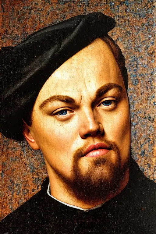 Image similar to portrait of leonardo dicaprio, oil painting by jan van eyck, northern renaissance art, oil on canvas, wet - on - wet technique, realistic, expressive emotions, intricate textures, illusionistic detail