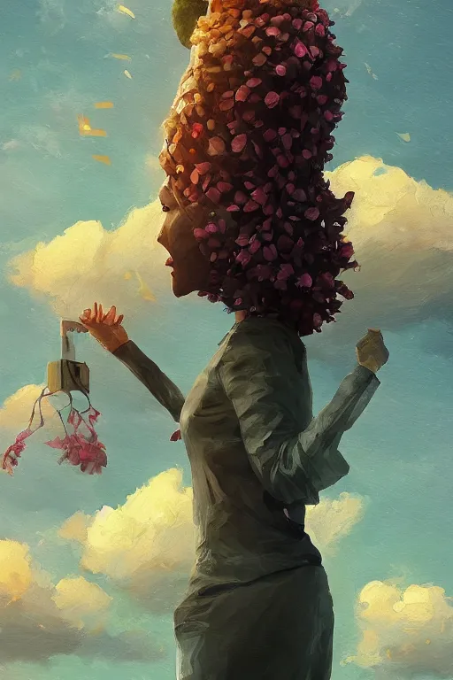 Prompt: portrait, giant flower as head, a girl standing on pillar, surreal photography, wind and cold, dramatic sky, impressionist painting, digital painting, artstation, simon stalenhag