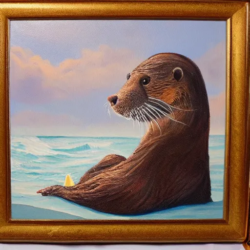 Image similar to An otter dressed as a pirate sitting on a beach drinking rum, oil on canvas painting