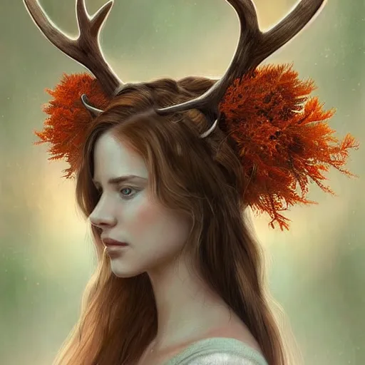 Prompt: A beautiful digital painting of freya allen, antlers made from wood on her head and brown curly hair with orange oak leaves, forest in the background, D&D, fantasy, intricate, beautiful green eyes, cinematic lighting, highly detailed, digital painting, Artstation, concept art, smooth, sharp focus, illustration, art by Artgerm and Greg Rutkowski and Alphonse Mucha