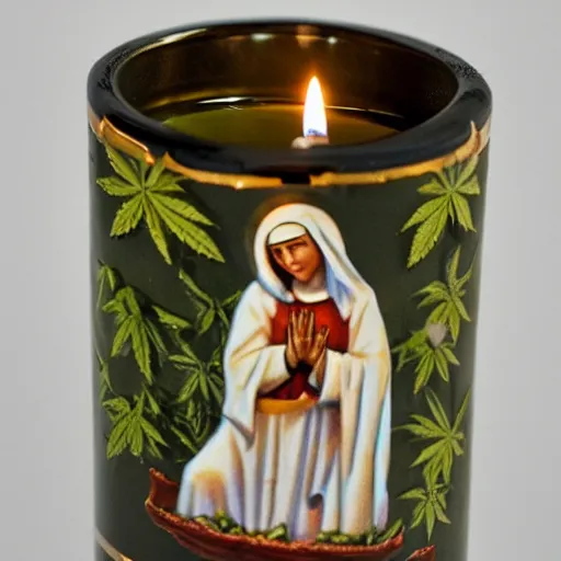 Prompt: mother mary on a votive candle holding a marijuana leaf from a brooklyn bodega