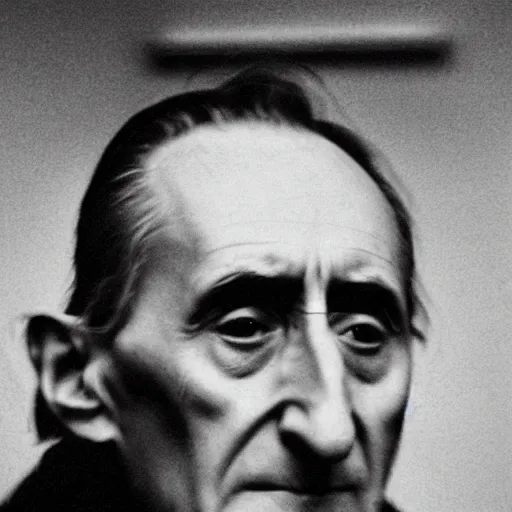 Image similar to underexposed photo of Marcel Duchamp in a room full with an ancient machine, tri-x, archival pigment print in the style of Hito Steyerl, contemporary art