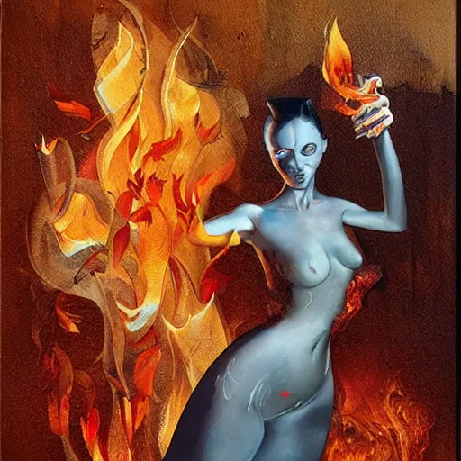 Image similar to she is burning her digital past with glitched flames made of bits, oil on canvas by dave mckean, james jean and esao andrews