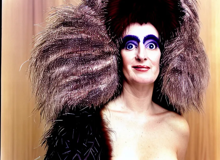 Image similar to realistic photo portrait of the woman morphing into a bird, morphing into a woman, hairy fur fluffy feathers with sparkles, in the wooden and fancy expensive wooden room interior, neutral colors, 1 9 9 0, life magazine reportage photo