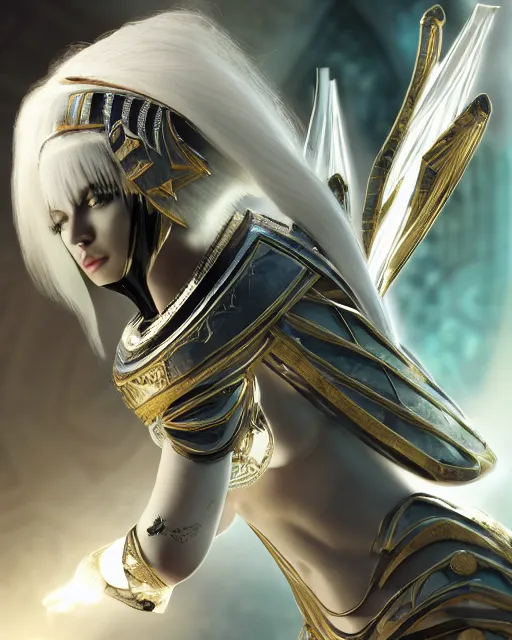 Image similar to perfect white haired attractive egyptian goddess, warframe armor, pharaoh headdress, beautiful, symmetric, dreamy, half asian, pretty face, green eyes, charlize theron, detailed, scifi platform, laboratory, experiment, 4 k, ultra realistic, epic lighting, android body, illuminated, cinematic, masterpiece, art by akihito tsukushi, voidstar