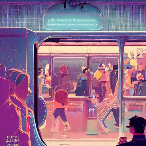 Prompt: paris subway life scene, by ( victo ngai ), ( ( studio muti ) ), malika favre, ( rhads ), makoto shinkai